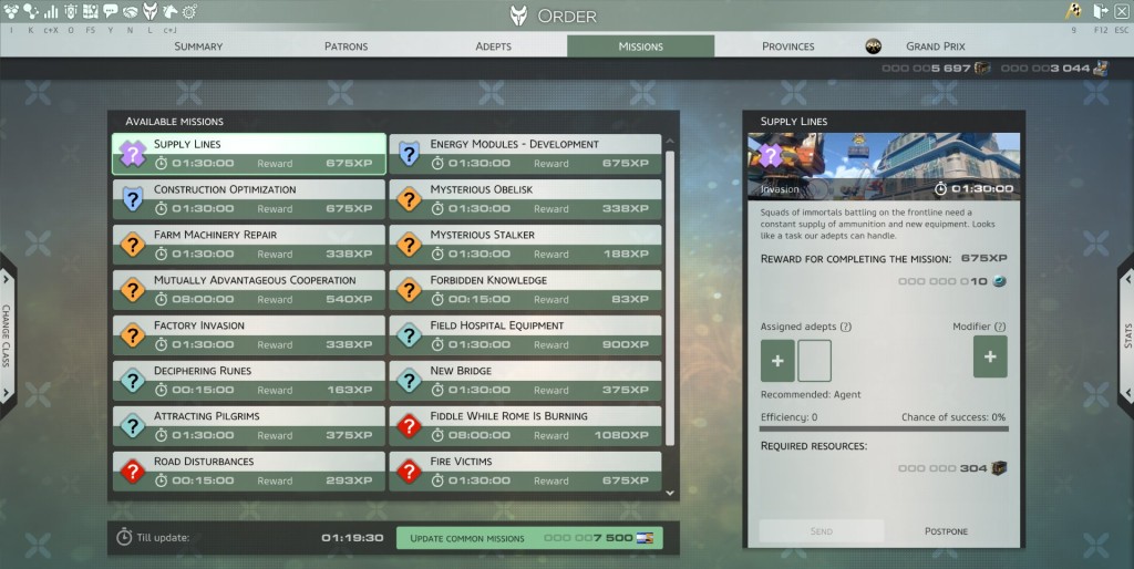 Skyforge Missions tab showing five types of missions